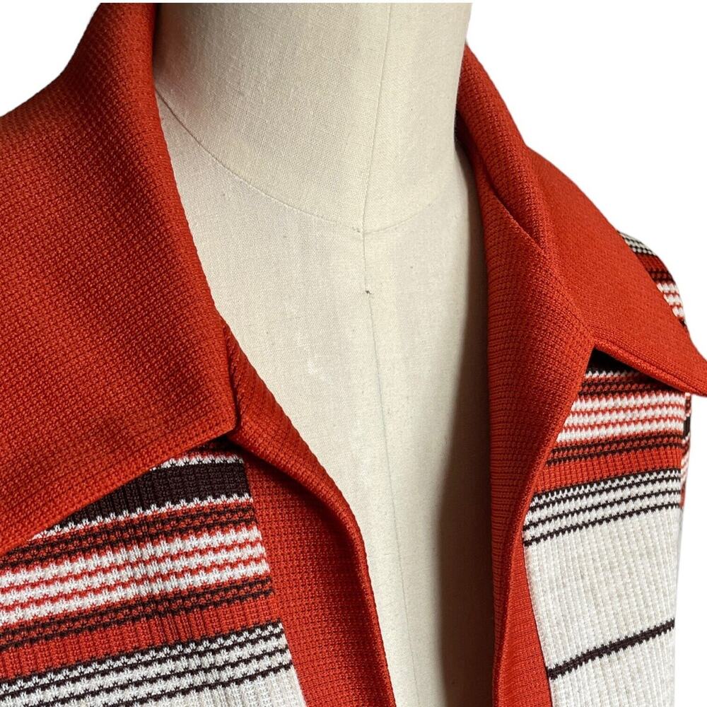 Vintage 60s 70s Rust Orange Brown Dagger Collar Open Cardigan Jacket Striped - Picture 2 of 3